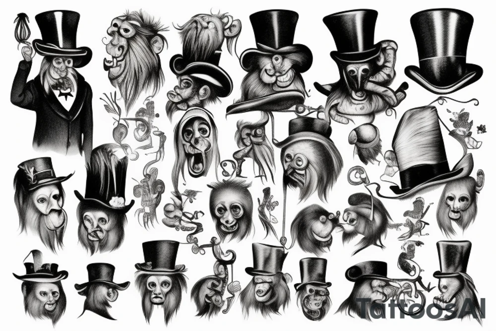 A man in an old outfit with a top hat on his head and a red monkey mask in his hands tattoo idea