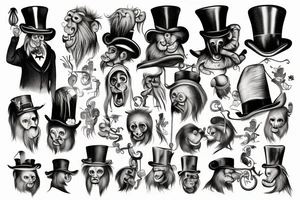 A man in an old outfit with a top hat on his head and a red monkey mask in his hands tattoo idea