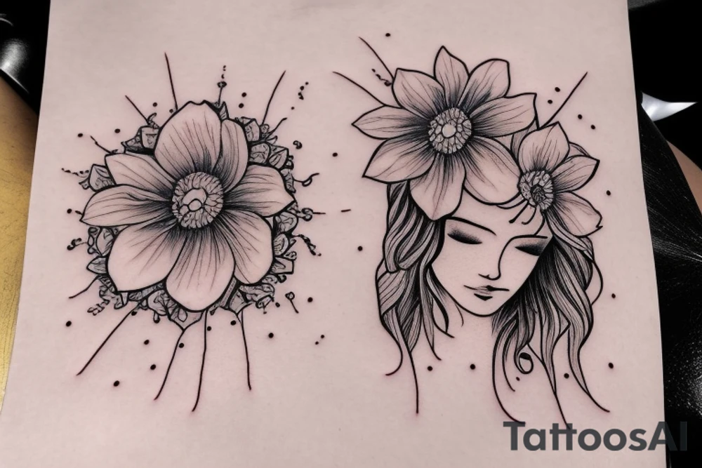 a girl on her knees, instead of her head there's a cosmos tattoo idea