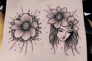 a girl on her knees, instead of her head there's a cosmos tattoo idea