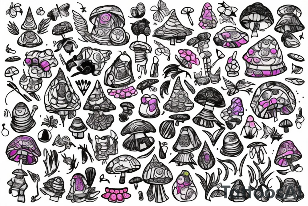 Sketch a tattoo for me. I love lego and mushrooms and pretty cars and birds, especially hummingbirds, and butterflies and rainbows and unicorns and crystals and my 2 calico cats. I’m nonbinary and autistic and chronically I’ll. Make the tattoo as colorful as possible. tattoo idea