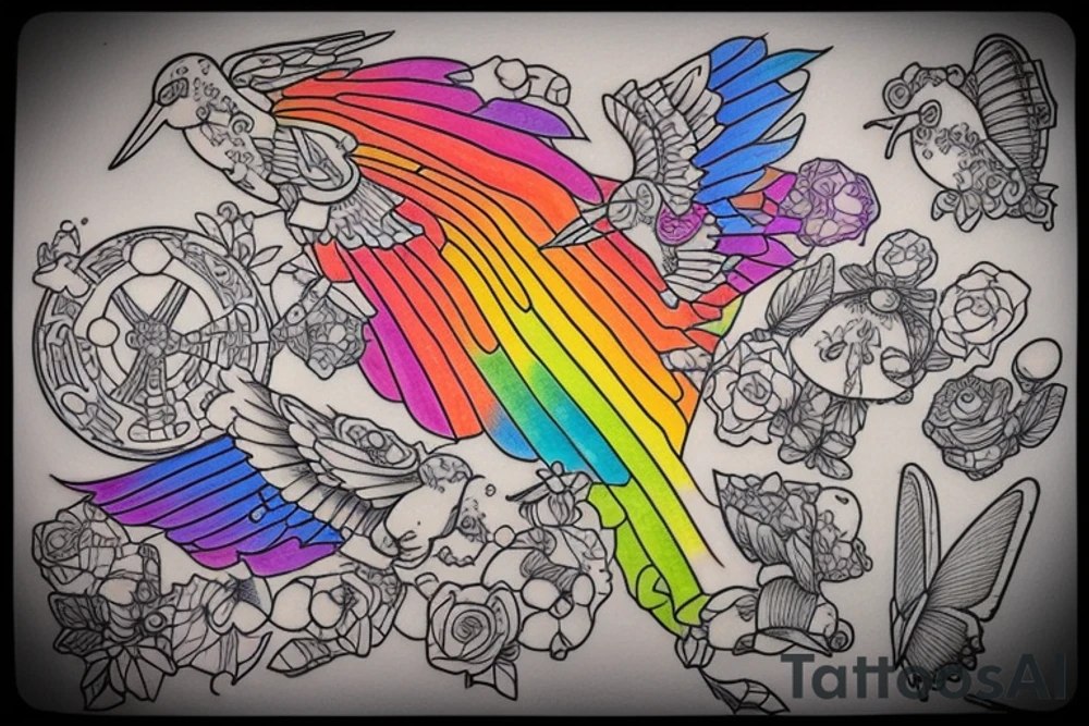 Sketch a tattoo for me. I love lego and mushrooms and pretty cars and birds, especially hummingbirds, and butterflies and rainbows and unicorns and crystals and my 2 calico cats. I’m nonbinary and autistic and chronically I’ll. Make the tattoo as colorful as possible. tattoo idea