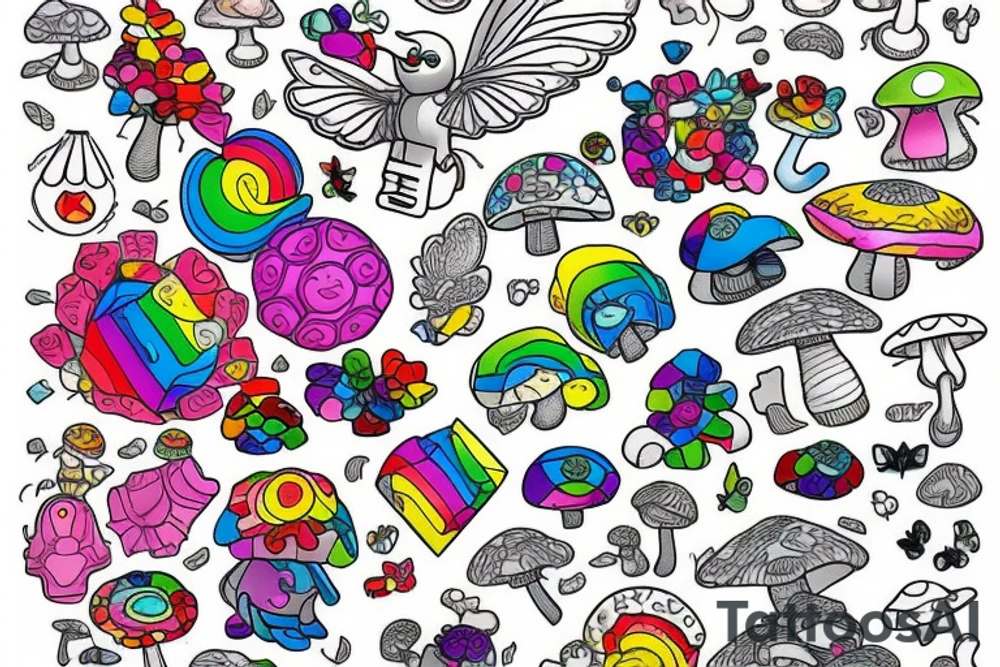 I love lego and mushrooms and pretty cars and birds, especially hummingbirds, and butterflies and rainbows and unicorns and crystals and my 2 calico cats. I’m nonbinary and autistic and chronically I’ll. Make the tattoo as colorful as possible. tattoo idea