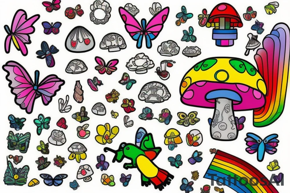 I love lego and mushrooms and pretty cars and birds, especially hummingbirds, and butterflies and rainbows and unicorns and crystals and my 2 calico cats. I’m nonbinary and autistic and chronically I’ll. Make the tattoo as colorful as possible. tattoo idea