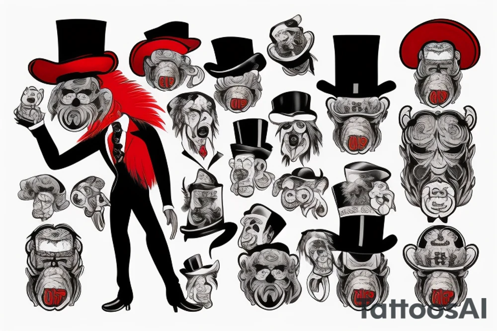 A man in an old outfit with a top hat on his head and a red monkey mask in his hands tattoo idea