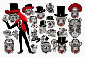A man in an old outfit with a top hat on his head and a red monkey mask in his hands tattoo idea