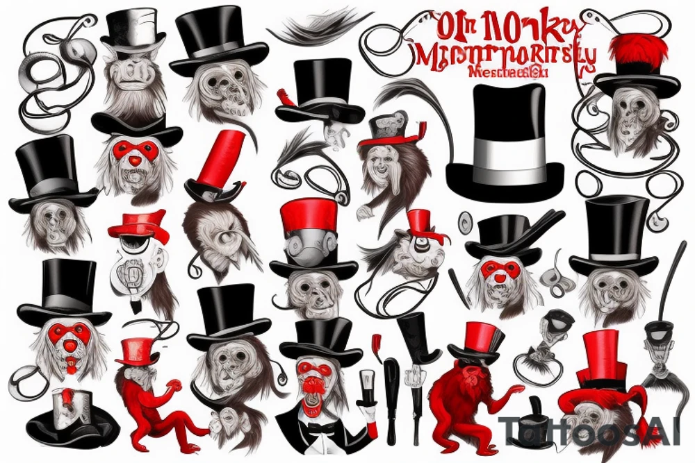 A man in an old outfit with a top hat on his head and a red monkey mask in his hands tattoo idea