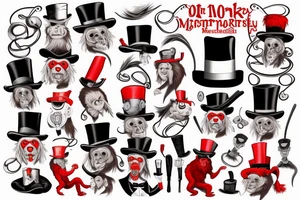 A man in an old outfit with a top hat on his head and a red monkey mask in his hands tattoo idea