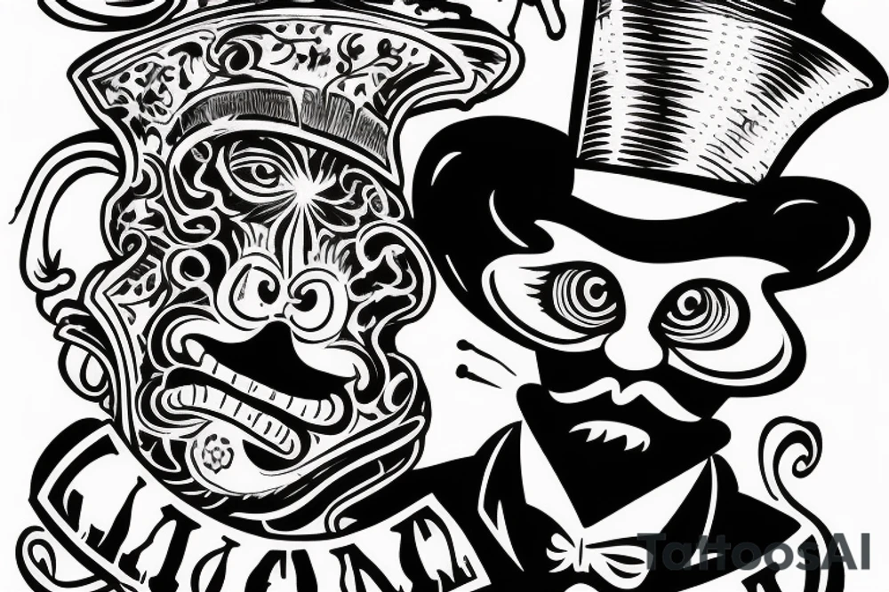 A man in an old outfit with a top hat on his head and a red monkey mask in his hands tattoo idea
