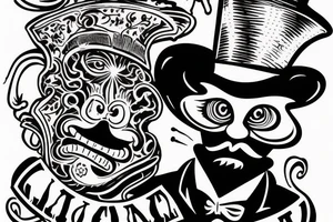 A man in an old outfit with a top hat on his head and a red monkey mask in his hands tattoo idea