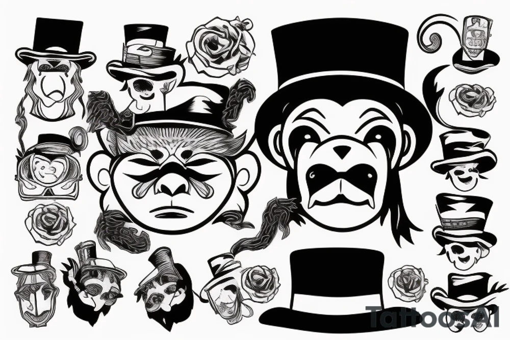 A man in an old outfit with a top hat on his head and a red monkey mask in his hands tattoo idea