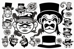 A man in an old outfit with a top hat on his head and a red monkey mask in his hands tattoo idea