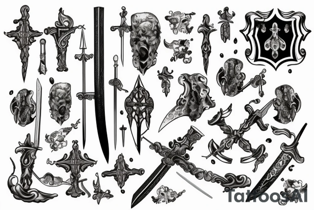 medieval sword at the bottom with a pool of blood tattoo idea