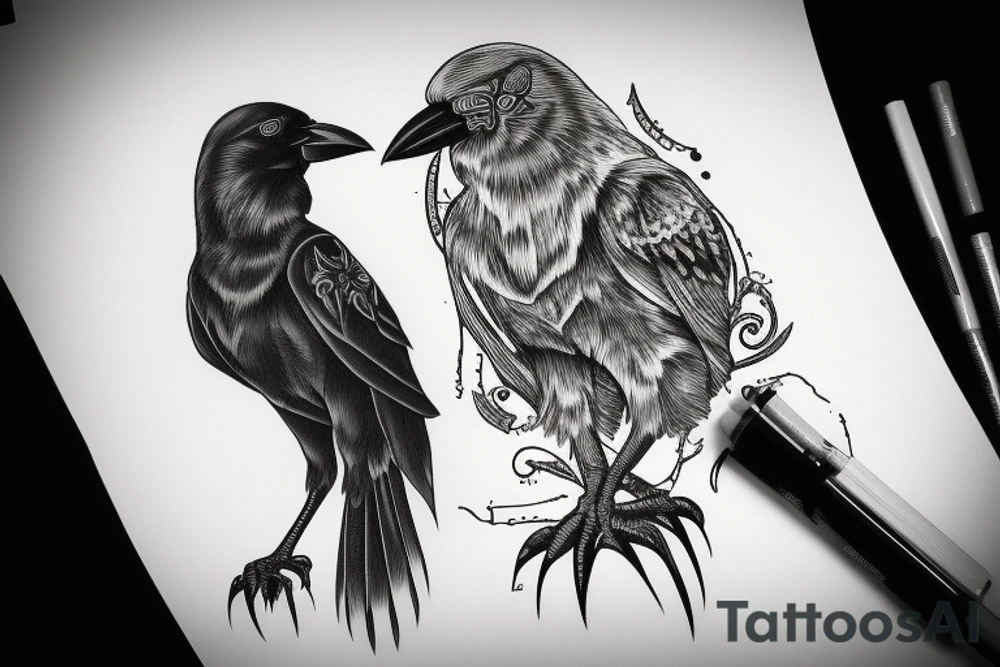 A crow perched on something, viewed from behind with its head turned to the left tattoo idea