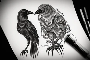 A crow perched on something, viewed from behind with its head turned to the left tattoo idea