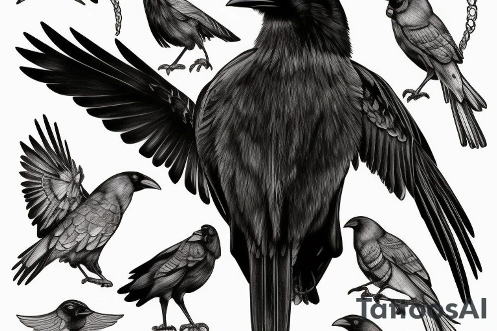 A crow perched on something, viewed from behind with its head turned to the left tattoo idea