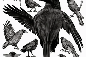 A crow perched on something, viewed from behind with its head turned to the left tattoo idea