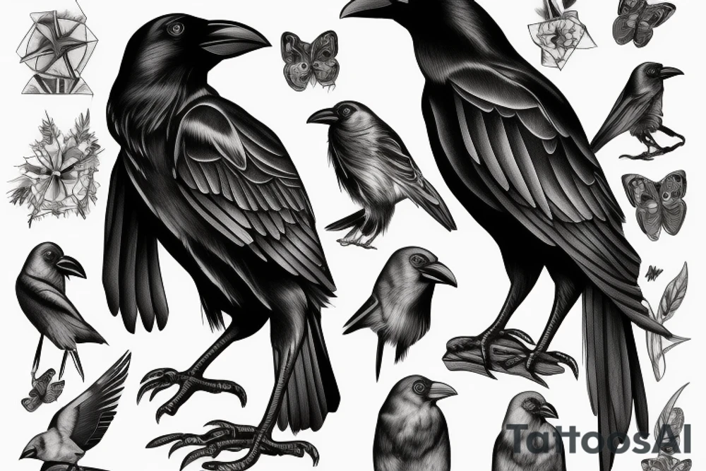 A crow perched on something, viewed from behind with its head turned to the left tattoo idea