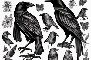 A crow perched on something, viewed from behind with its head turned to the left tattoo idea