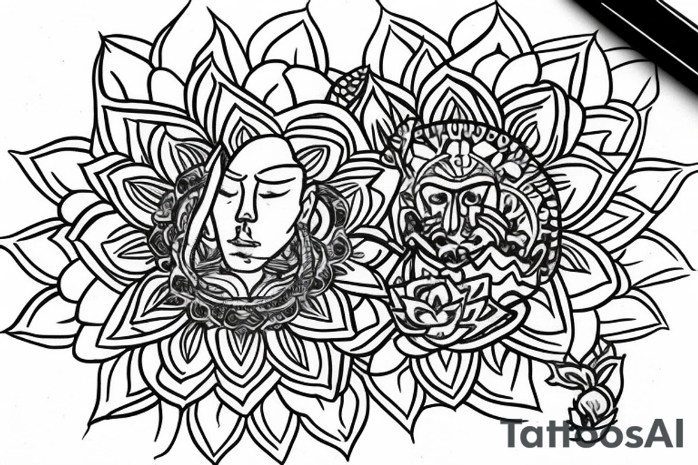 monk in a lotus with the sun on the background tattoo idea