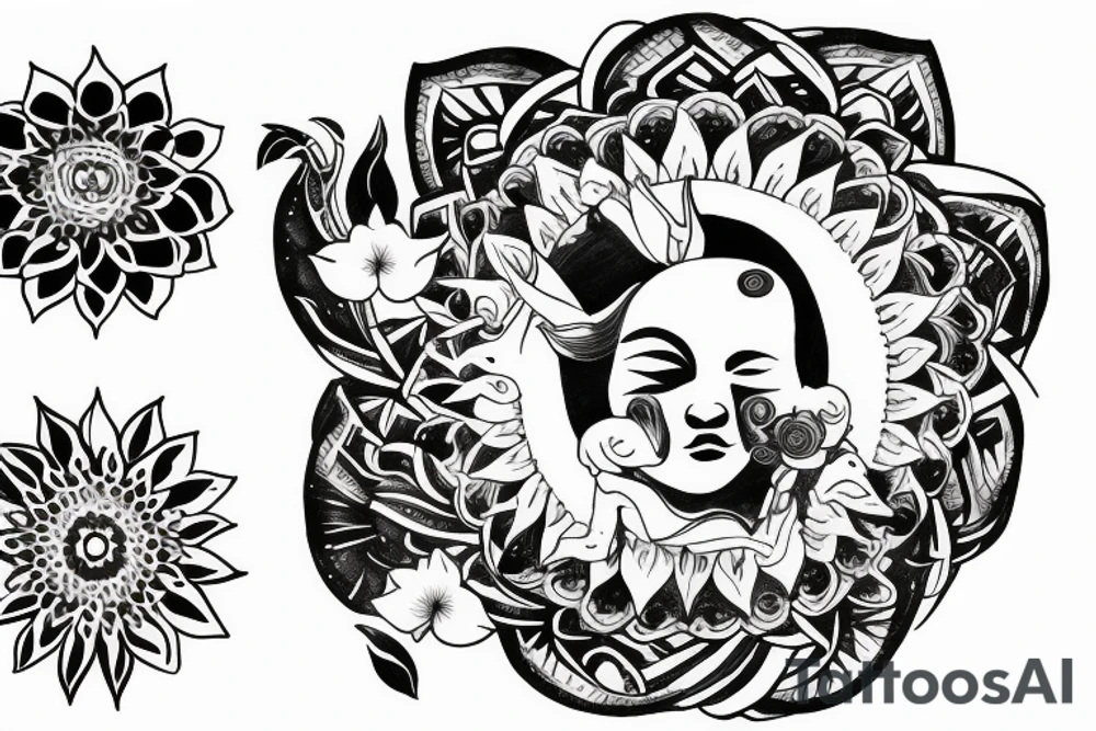 monk in a lotus with the sun on the background tattoo idea
