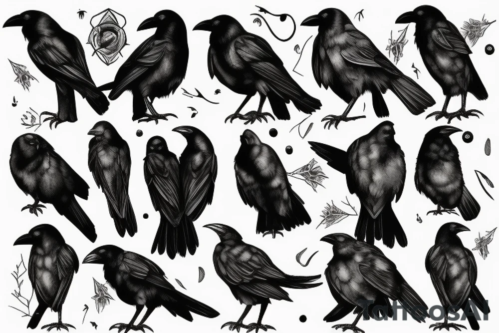 A crow perched on something, viewed from behind with its head turned to the left tattoo idea