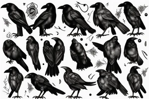 A crow perched on something, viewed from behind with its head turned to the left tattoo idea