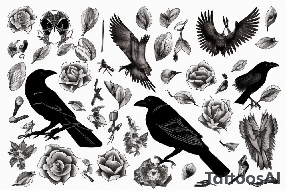 A crow perched on something, viewed from behind with its head turned to the left tattoo idea
