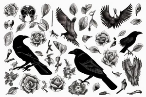 A crow perched on something, viewed from behind with its head turned to the left tattoo idea