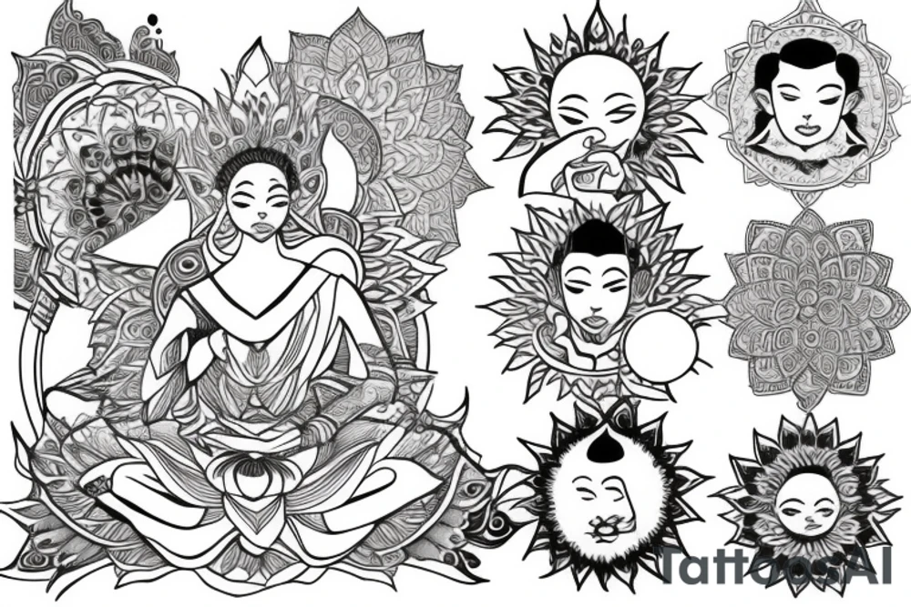 monk sitting in a lotus with the sun on the background tattoo idea