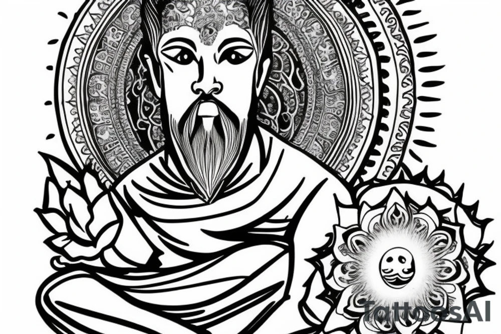 monk sitting in a lotus with the sun on the background tattoo idea