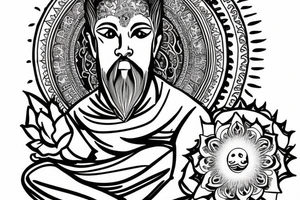 monk sitting in a lotus with the sun on the background tattoo idea