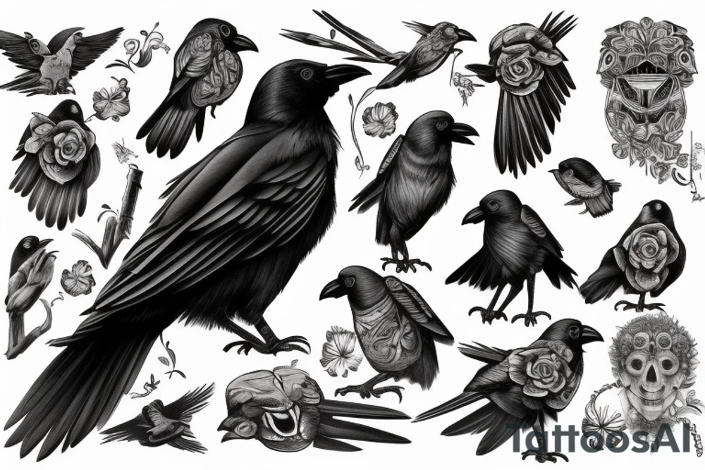 A crow perched on something, viewed from behind with its head turned to the left, highly detailed tattoo idea