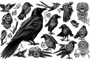 A crow perched on something, viewed from behind with its head turned to the left, highly detailed tattoo idea