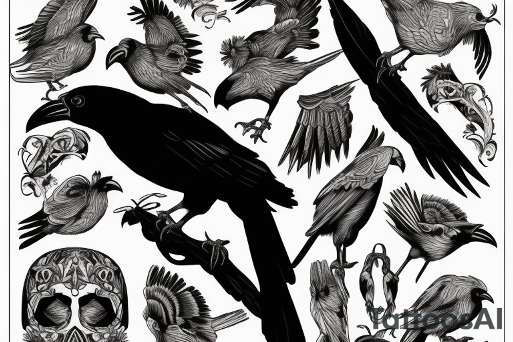 A crow perched on something, viewed from behind with its head turned to the left, highly detailed tattoo idea