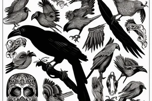 A crow perched on something, viewed from behind with its head turned to the left, highly detailed tattoo idea