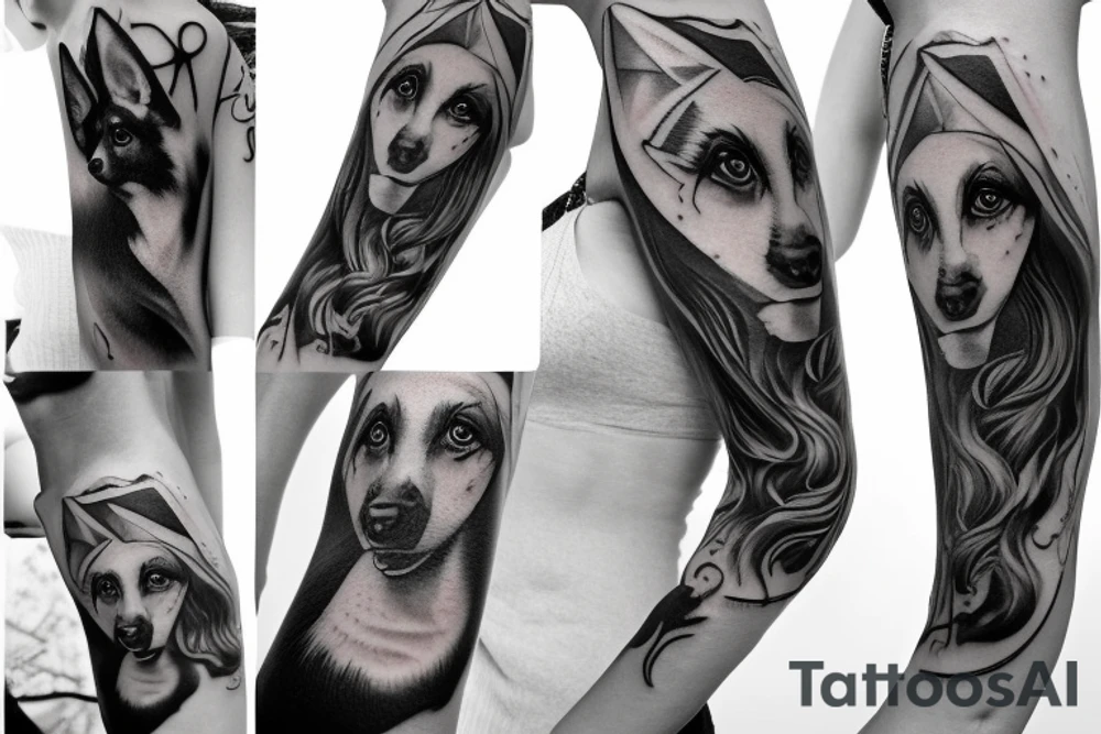 a german shepard, a beautiful woman, one blond 3 year old boy, one beautiful 5 month old tattoo idea