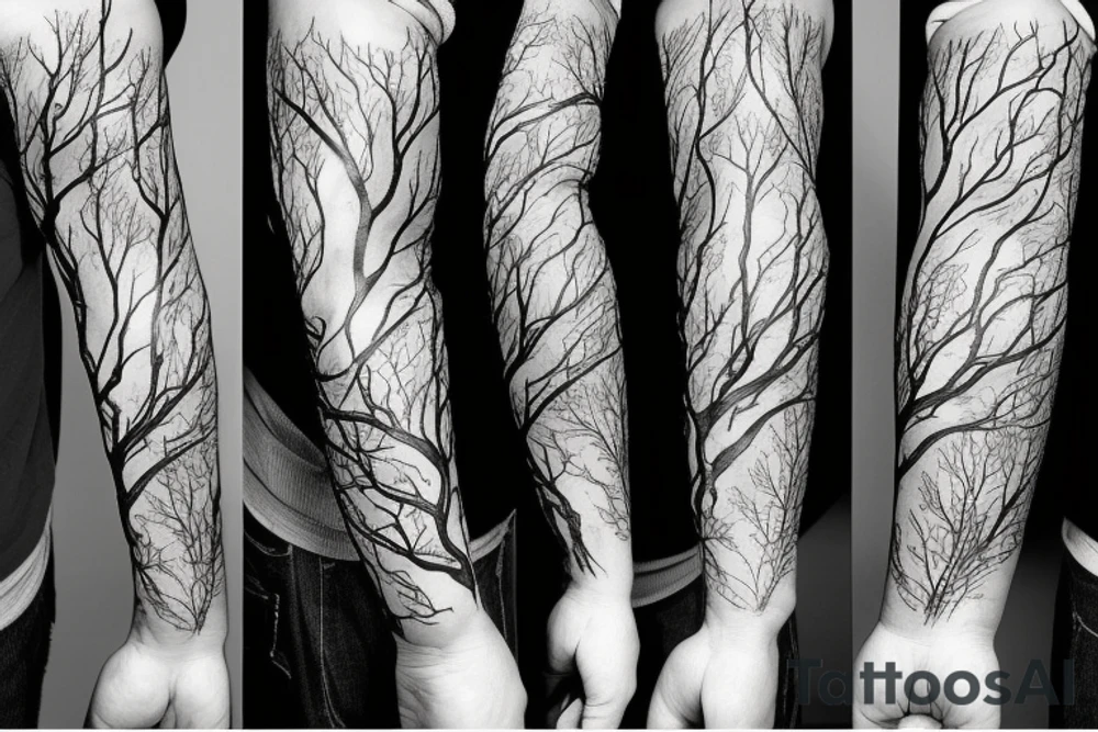 Trees with roots full sleeve tattoo idea