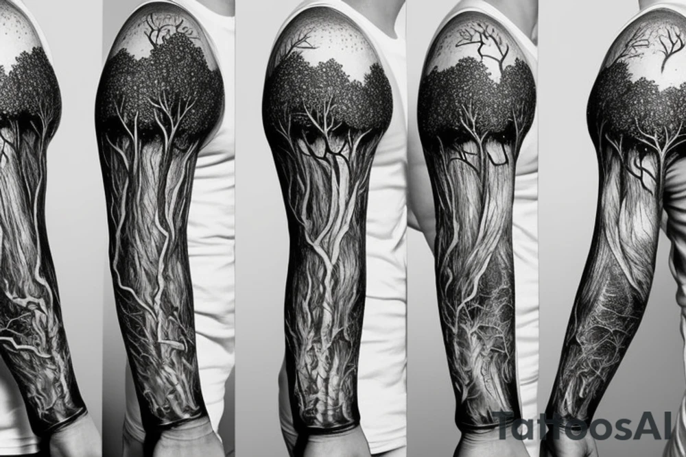 Trees with roots full sleeve tattoo idea