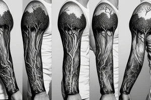 Trees with roots full sleeve tattoo idea
