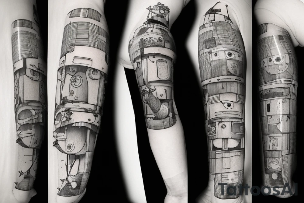 Pieces of rust are being ripped violently away from a robot that has just learned emotions on left forearm tattoo idea