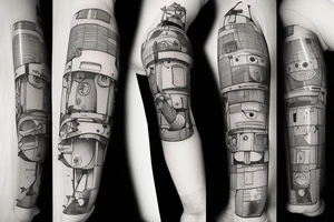 Pieces of rust are being ripped violently away from a robot that has just learned emotions on left forearm tattoo idea
