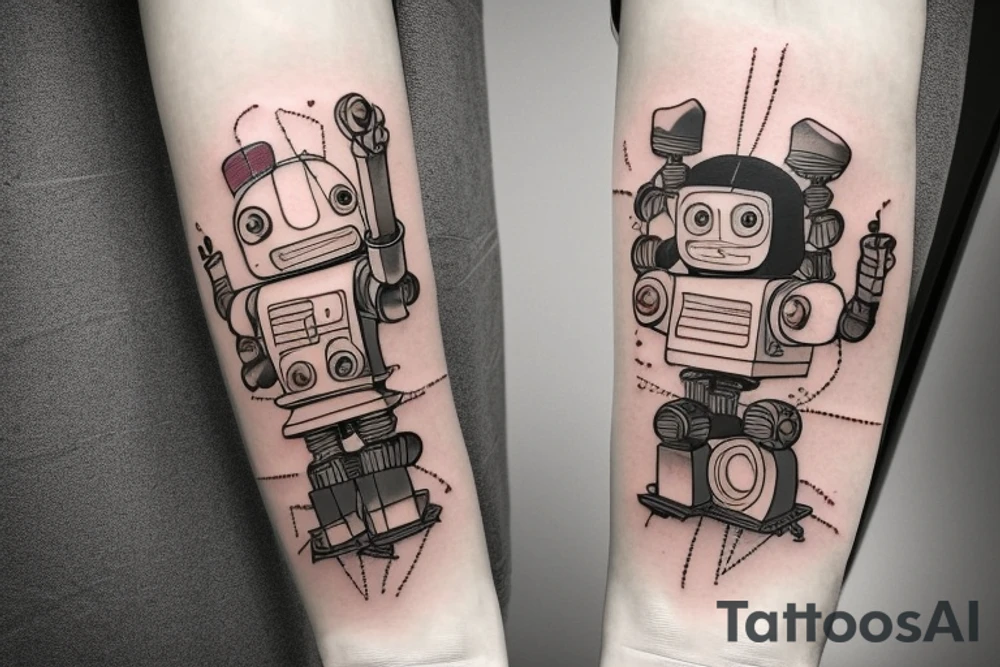 Pieces of rust are being ripped violently away from a robot that has just learned emotions on left forearm tattoo idea