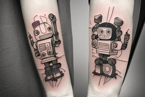 Pieces of rust are being ripped violently away from a robot that has just learned emotions on left forearm tattoo idea