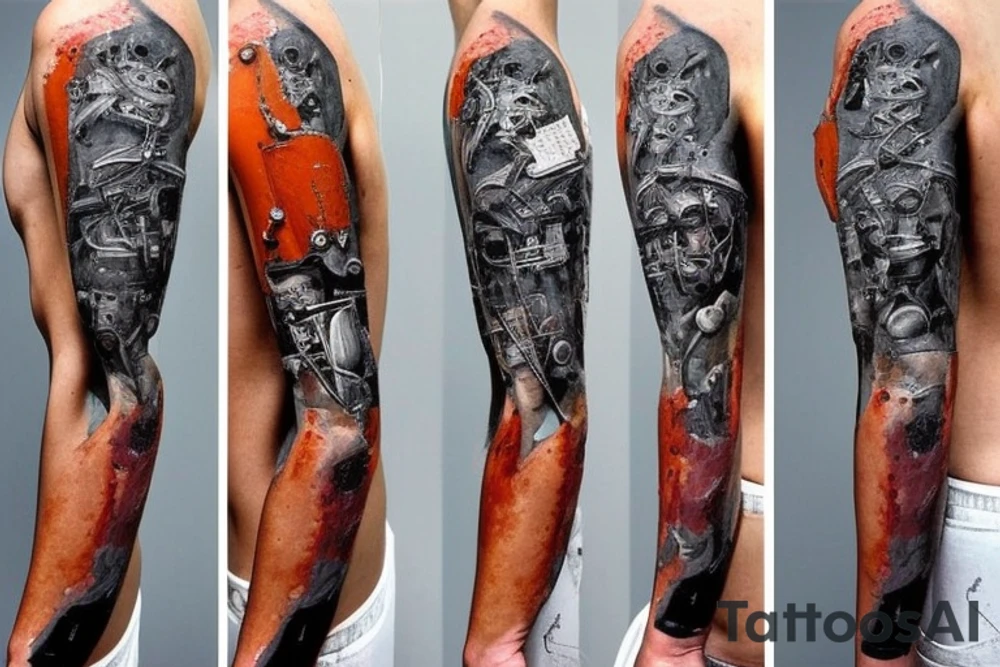 Pieces of rust are being ripped violently away from a robot that has just learned emotions on left forearm tattoo idea