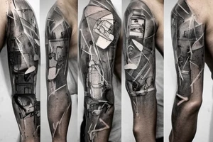 Pieces of rust are being ripped violently away from a robot that has just learned emotions on left forearm tattoo idea