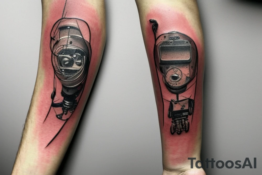 Minimalist piece in the style of Jenny Saviile on the left forearm that showes Pieces of rust are being ripped violently away from a robot that has just learned emotions tattoo idea