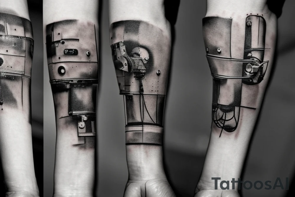 Minimalist piece in the style of Jenny Saviile on the left forearm that showes Pieces of rust are being ripped violently away from a robot that has just learned emotions tattoo idea