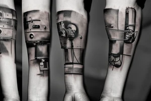 Minimalist piece in the style of Jenny Saviile on the left forearm that showes Pieces of rust are being ripped violently away from a robot that has just learned emotions tattoo idea