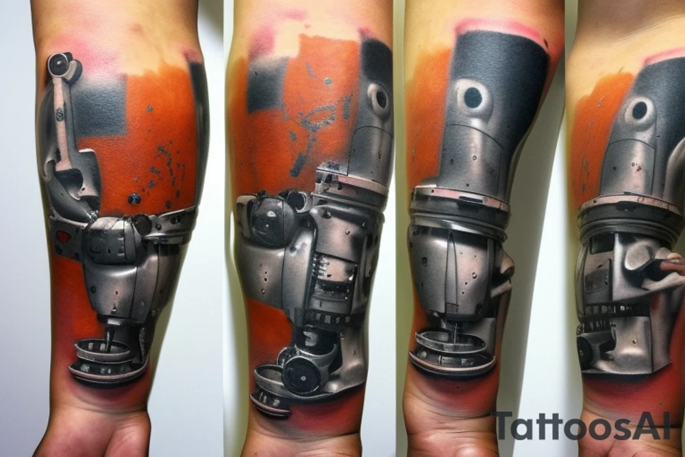 Minimalist piece in the style of Jenny Saviile on the left forearm that showes Pieces of rust are being ripped violently away from a robot that has just learned emotions tattoo idea